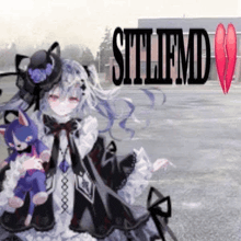a girl is holding a stuffed animal in front of a sign that says " stilfmd "