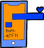 a cartoon drawing of a cell phone with the words date with fh written on the screen .