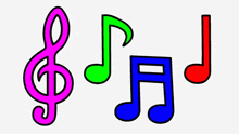 a pink treble clef is next to a green treble clef and a red treble clef