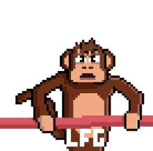 a pixel art of a monkey holding a red stick with the letters lfg on it