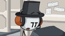 a stick figure wearing a top hat and headphones is standing next to a television .