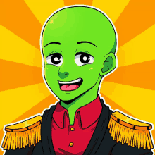 a cartoon drawing of a man with a green head and gold epaulets