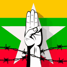 a drawing of a fist with barbed wire in front of a flag