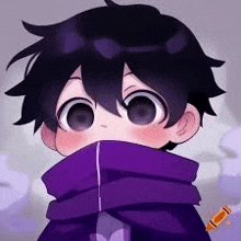 a boy with black hair and a purple scarf around his neck is holding a sword .