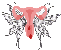 a drawing of an uterus with butterfly wings and a drop of blood