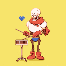 papyrus is playing drums in a pixel art style and has a heart in the background .