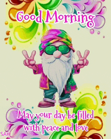 a good morning card with a gnome wearing sunglasses and a hippie hat