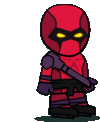 a cartoon drawing of a superhero in a red suit holding a gun .