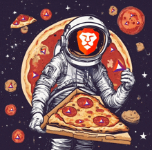 a drawing of an astronaut holding a pizza in space