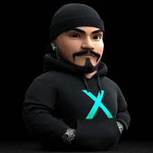 a man with a beard wearing a black hoodie with a blue x on it