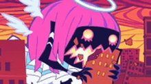 a cartoon character with pink hair and a halo on her head is eating a piece of food .