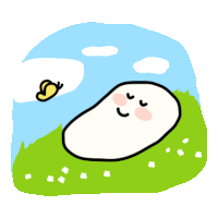 a cartoon drawing of a marshmallow laying in the grass with a butterfly flying overhead