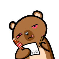 a cartoon bear is holding a bottle of diet coke and writing notes