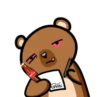 a cartoon bear is holding a bottle of diet coke and writing notes