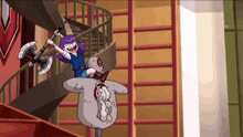 a girl with purple hair is holding a large axe while riding on the back of a monster