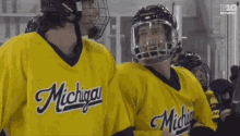 a group of hockey players wearing yellow michigan jerseys and helmets are standing next to each other on the ice .