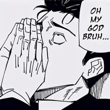 a black and white drawing of a man with the words oh my god bruh written above him