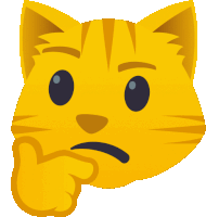 a yellow cat with a thinking face and a finger on its chin