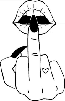 a black and white drawing of a woman holding her middle finger to her lips .