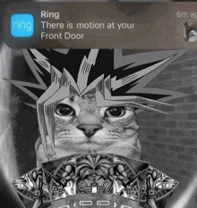 a black and white image of a cat with a ring notification