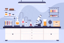 an illustration of a laboratory with a microscope beaker and flasks