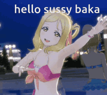 a picture of a girl in a bikini with the words hello sussy baka above her