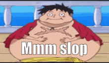 a fat monkey d luffy from one piece is sitting on a wooden deck with his arms around his stomach .