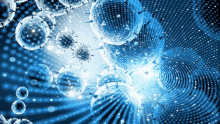 a computer generated image of viruses and bacteria on a blue and black background