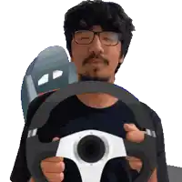 a man wearing glasses is holding a steering wheel in his hands