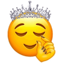 a yellow smiley face with a crown on its head and a finger on its nose .