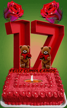 a birthday cake with the number 17 and two teddy bears on it