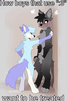 a cartoon of two furry boys standing next to each other with the caption " how boys that use m.3 "