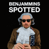 a man in a wig and sunglasses is standing in front of a sign that says benjamin spotted