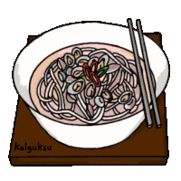 a cartoon drawing of a bowl of noodles with chopsticks and the name kalgukse written on the bottom