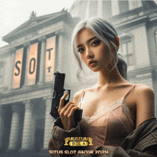 a woman holding a gun in front of a building that says museum bola on it