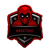 a logo for omertous with a red masked character