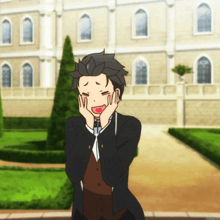 a man with his hands on his face stands in front of a large building