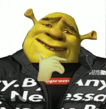 shrek is wearing a black jacket with the word supreme on it