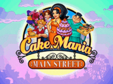 a sign for cake mania main street with a bunch of people