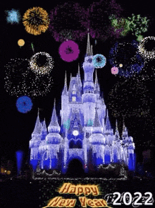 a castle is lit up with fireworks and says happy new year