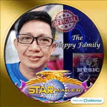 a picture of a man with glasses and the words " the happy family " on it