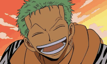 a cartoon character with green hair is laughing with his mouth open