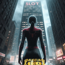 a woman in a spider-man costume stands in front of a building that says slot