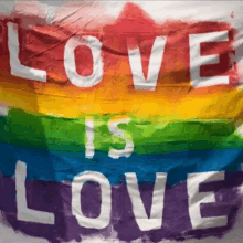 a rainbow flag with the words " love is love " painted on it