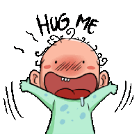 a cartoon of a baby screaming with the words hug me above him