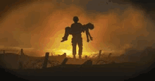 a soldier is carrying a wounded soldier on his back in a field at sunset .