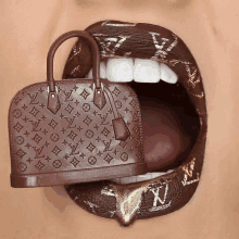 a close up of a woman 's mouth with a louis vuitton purse coming out of it