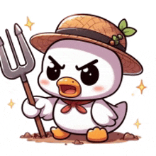 a cartoon duck is wearing a hat and holding a fork .