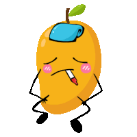 a cartoon illustration of a mango with arms and legs and a thermometer in its mouth