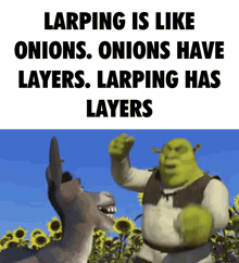 shrek is standing next to a donkey in a field of sunflowers and says larping is like onions